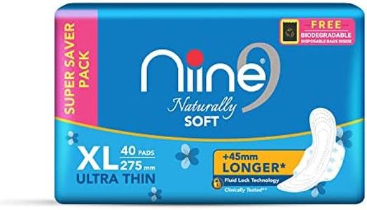 Niine Naturally Soft Ultra Thin XL Sanitary Pads for Women| 40 Pads, Pack of 1| 275mm Long| Cottony Soft Top Cover| Fast Absorption| With Fluid Lock Gel Technology| With Free Biodegradable Disposable Bags