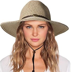 Womens Straw Sun Hat Classic Flat Beach Hat Mens Garden Hat Cowboy Style Hat with Wind Lanyard UPF 50+ Summer Hat, Beige, One Size