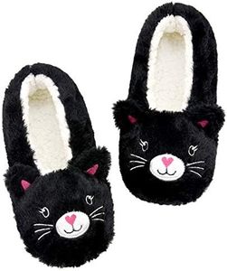 Panda Bros Slipper Socks With Non-Slip Grippers, Cute Fuzzy Warm Cat Animal House Slippers, Black Cat, 5-7.5