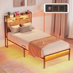 ODK 3ft Single Bed Frame with Storage Headboard, 2 USB & 2 AC Ports Solid Metal Bed Frame,Single Metal Bed Frame with RGB LED Strip Light Available in 16 Colors, Sturdy and Stable, Rustic Brown