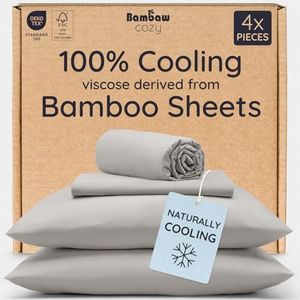 Bambaw 100% Viscose Derived from Bamboo King Size Sheets Set – 4pcs Cooling Sheets for Hot Sleepers, Deep Pocket King Sheet Set Cooling Fits Up to 16'' with Elastic Corner Straps (Moonlight Gray)