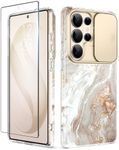 GVIEWIN Compatible with Samsung Galaxy S26 Ultra Case with Slide Camera Cover, [Screen Protector] [Shockproof Military Grade Drop Protection] Marble Slim Fit Hard PC Phone Cover (Pearlescent)