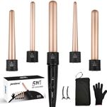 janelove 5 in 1 Wand Curling Iron Set, Ceramic Hair Curling Iron(0.35”-1.25”), Hair Curler for All Hairstyle, with Adjustable Temperature Dual Voltage, Instant Heat up, with Glove & 2 Hair Clips(Gold)