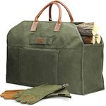 INNO STAGE Firewood Log Carrier Bag Waxed Canvas Tote Holder with Fireplace Pure Leather Gloves Set for Camping, BBQ Barbecue- Green Bag