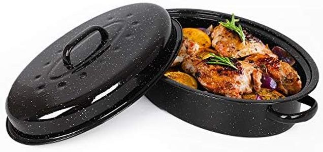 VonShef Self Basting Enamel Roaster, 15" Oval Non-Stick Roasting Tin with Removable Lid, Dishwasher Safe Casserole Dish for Stews & Meat Joints