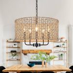 LASENCHOO 5 Lights Rattan Wicker Drum Chandeliers for Dining Room, Dia 19" Drum Pendant Light Fixture Hanging Boho Chandelier for Living Room Kitchen Entryway Hallway Bedroom, Height Adjustment