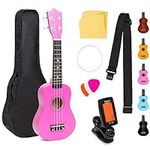 Best Choice Products 21in Acoustic Soprano Basswood Ukulele Starter Kit w/Nylon Carrying Gig Bag, Strap, Colorful Picks, Polishing Cloth, Clip-On Digital Tuner, Extra String - Pink
