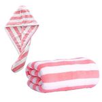 MAXOSHINE Microfiber Bath Towel/Hair Wrap Combo-Soft Super Absorbent Coral Fleece Towels for Bath with Hook-Quick Dry Towel for Women and Men (Grey) (Peach Stripes)