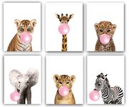 Designs by Maria Inc. Set of 6 UNFRAMED safari animal kids blowing pink bubblegum nursery decor | Cute animal pictures | Animal posters safari wall decor | Animal bubbles play room Wall Art (8"x10")