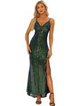 Allegra K Women's Sequin Evening Dress, V-Neck, Spaghetti Straps, Split Maxi Dress, Green, S