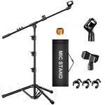 Microphone Stand, Tripod Boom Arm Floor Mic Stand Height Adjustable Heavy Duty with Carrying Bag 2 Mic Clips 3/8" to 5/8" Adapter for Singing Podcast for Blue Yeti Shure SM58 SM48 Samson Q2U