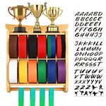 Tilhumt 12 Belts Karate Belt Display Rack with Trophy and Medal Display Rack, Bamboo Taekwondo Belt Display Rack with Stickers, Martial Arts Belt Display