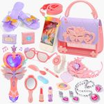 CUTE STONE Little Girls Play Purse, Toddler Purse with Handbag, Heels, Pretend Makeup Kit, Toy Phone, Light-Up Magic Wand, My First Purse Set with Princess Jewelry, Pretend Play Gift Toys for Kids