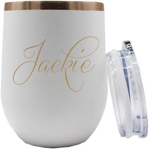 Personalized 12 oz Insulated Stemless Wine Tumbler - Custom Engraved and Monogrammed (White with Gold)
