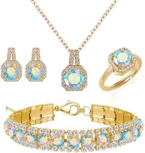 4pcs Cubic Zirconia Wedding Jewelry Sets for Bride Bridesmaid Cubic Zirconia Pendant Necklace Earrings Link Tennis Bracelet Open Ring Set for Women Birthday/Valentine's Day/Mother's Day/Christmas,