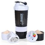 VECH Shaker Bottles for Protein Mixes Workout Shaker Leak Proof Water Bottle Non Slip 3 Layer Protein shaker Bottle with Pill Tray for Storage Protein Powder Shake Bottle 16oz Shake Cup (White)