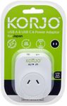 Korjo USB A+C - Japan Converts one Japanese Socket Into 1 x AUS/NZ Power Socket Plus 1 x USB-C Port Plus 1 x USB-C Port, White