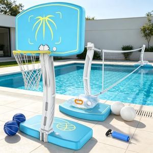 Goregent Pool Basketball Hoop & Pool Volleyball Net Set 2-in-1, Adjustable Volleyball Net for Pool, Stainless Steel Basketball Hoop for Pool, Swimming Pool Games for Summer Party