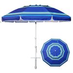 AMMSUN 8 Feet Large Beach Umbrella with Sand Anchor Heavy Duty High Wind Portable Outdoor Umbrellas UV 50+ Protection Air Vent Tilt Patio Garden Pool Blue Stripe