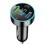 GemCoo 4 Port USB Car Charger Adapter 65W PD & Type-C & QC3.0 Cigarette Lighter USB Charger with LED Voltmeter Fast Charger Compatible with iPhone, Android, Samsung, iPad Pro