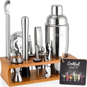 Eocolz Cocktail Shaker Kit, INOX Ensembles de Bar Cocktail Set, 17Pièces Cocktails Ensemble-Cadeau, Shaker à Cocktail Kit Barman avec Cadre en Bois (Marron Argent)