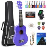 Ukulele for Beginners Hawaiian Wood Soprano Ukelele Starter Kit for Kids Adult Student Ukalelee Uke Bundle Pack with Free Lessons Gig Bag Tuner Strap Picks Nylon Strings (Deep Purple, 21 Inch)
