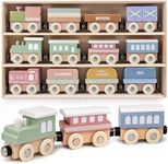 Wooden Train Set for Toddlers, 12PCS Montessori Magnetic Train Cars with Storage Gift Box, Compatible with Major Brands, Wooden Baby Stacking Blocks Toy, Birthday Gift for Boys Girls Ages 1-3 3-5+