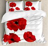 Ambesonne Floral Duvet Cover Set King Size, Poppy Flowers Vivid Petals with Buds Pastoral Purity Mother Earth Nature Design, Decorative 3 Piece Bedding Set with 2 Pillow Shams, Red Green