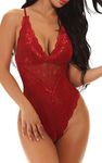 Bslingerie Lace Semi Sheer Lingerie Bodysuit Teddy Chemise (Red, L)