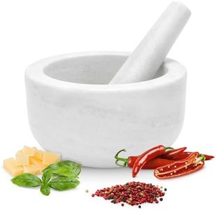 Gourmeo Mortier Pilon Cuisine - Accessoire Cuisine en Marbre de 18 cm de Diamètre pour Broyage des Épices Guacamole Pesto Noix Mojito - Mortier et Pilon Concasseur a Grain Blanc