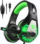 DIWUER Stereo Gaming Headset for Nintendo Switch, PS4, Xbox One with Noise Cancelling Mic, Soft Earmuffs Surround Sound Over Ear Headphones with LED Light for PC (Green)