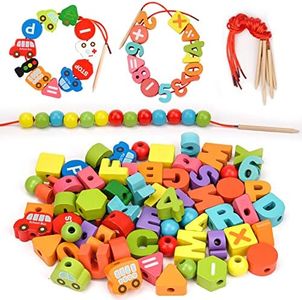 Montessori Sensory Toys for Kids Age 2-3-4, Wooden Toddlers Educational Toys Gifts for 1-3 Year Old Girl Boy Fine Motor Skills Preschool Activities Present Travel Toys Threading & Stacking Letter Car