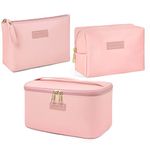 MAANGE Makeup Bag Waterproof Travel Cosmetic Bag PU Leather Cosmetic Pouch Portable Makeup Organizer Bag Large Capacity Toiletry Bag Multifunctional Storage Make Up Bag for Women (Pink, 3Pcs)