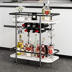 Benoss 2- Tier Bar Cart on Wheels, 33'' H Mobile Serving Wine Cart with Glass Holder and Wine Rack, Modern Rolling Drink Trolley for Coffee Tea Wine, Beverage Bar Cart for the Home Kitchen Party Black