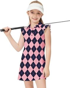 Soneven Girls Sleeveless Tennis Dress Kids Ruffle Golf Dress School Sports Athletic Dresses Outfit with Shorts Pockets(Pink Blue Plaid, X-Small)