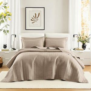 Comfort Spaces - CS13-0933 Kienna Quilt Coverlet Bedspread Ultra Soft Hypoallergenic All Season Lightweight Filling Stitched Bedding Set, Oversized Queen 102"x118", Taupe 3 Piece