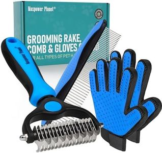 Maxpower Planet Pet Grooming Rake and 2X Dog Grooming Gloves and Dog Comb Set - Double Sided Pets Dematting, Deshedding Undercoat Rake - Dog Brush, Cat Comb - Blue