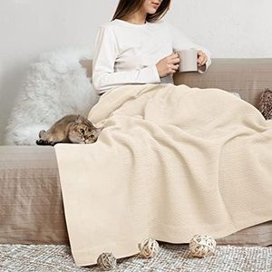 THREAD SPREAD Organic GOTS Cotton Blanket, Full/Queen - 350 GSM, Antistatic, Fuzzy Soft, Lightweight, Sofa, Camping & Travel, Perfect Herringbone All Seasons Throw, Ivory/Cream + Free Tote Bag