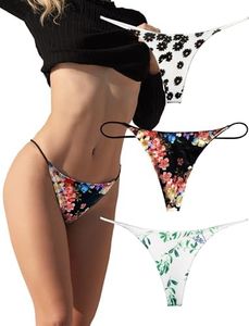 KUKU PANDA Cotton Thongs for Women Sexy Seamless Woman G String Panties 3 Pack Set (Flower, l)