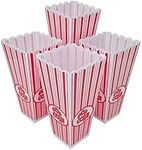 eMKay® Plastic Red & White Striped Print With 'Popcorn' Wording Classic Popcorn Containers for Movie Night - 19.5cm Tall x 9.5cm Square Approx. (4 Pack)