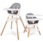 Baby High Chair, Convertible Wooden High Chairs for Babies and Toddlers, Baby HighChair with Dishwasher Safe Double Removable Tray, Adjustable Footrest & Machine Washable Cushion (Grey)