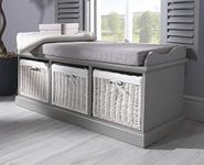 Tetbury Grey Storage Bench with 3 white baskets. Lovely matte grey bench with cushion and storage baskets. Fully Assembled