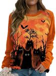 Sxkayxr Women Black Cats Full Moon Funny Animal Pet Lover Halloween Sweatshirt Orange Shirt Bat Pumpkin Tie-Dye Pullover Top