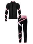 Hansber Kids Girls Figure Skating Long Sleeve Jacket with Pants Set 2 Piece Gym Workout Running Yoga Training Set Pink 8 Years