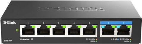 D-Link 7-Port 2.5GB Unmanaged Gaming Switch with 2 x 2.5G, 5 x 10/100/1000 Mbps - Multi-Gig, Network, Fanless, Plug & Play (DMS-107) Black