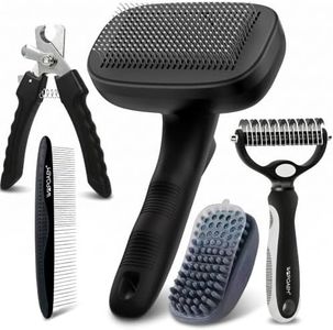 WOPQAEM Dog Grooming Kit Cat & Dog Brush, 5 PCS Self-Cleaning Slicker Hair Brush, Nail Clipper, Undercoat Rake, Pet Bath Brush with Removable Screen,Pet Comb for Short & Long Haired Dogs Cats, Black