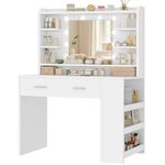 TEENFON Vanity Desk with Large Mirror & 10 Lights, Makeup Vanity with 3-Tier Open Side Storage Shelves, Vanity Table with 3 Color Light Adjustable for Bedroom, White, 40×80×143CM