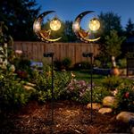 Hummingbird Moon Solar Garden Stake Light, 2026 New Outdoor Waterproof Half Moon Solar Hummingbird Light with Hanging Crackle Glass Globe, for Outdoor Yard Patio Lawn Decor (2PCS)