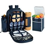 Picnic at Ascot Original Equipped Backpack for 4 with Blanket - Extra Bonus Cooler - Designed & Assembled in California - Trellis Blue