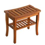 VaeFae Teak Shower Bench, Spa Bath Shower Stool with Storage Shelf, Wooden Seat Stool for Bathroom